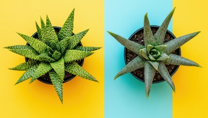 Two succulent plants in black pots, top view, on contrasting yellow and teal backgrounds