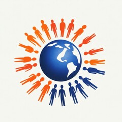 Diverse figures surrounding a globe, symbolizing unity and global collaboration in a colorful design