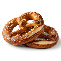 Soft pretzels with golden crust and coarse salt isolated on white background, traditional bakery snack perfect for food, culinary, and German cuisine presentations