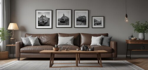 Brown couch, wooden dining table, black & white photos, grey walls, chic living space,  dining,  wood,  space