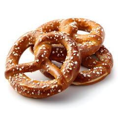 Golden-brown soft pretzels with coarse salt isolated on white background, fresh baked snack perfect for food photography, bakery, and traditional German cuisine concepts