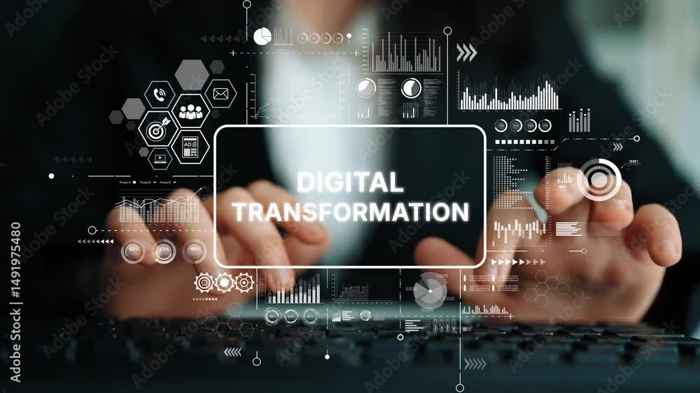 Poster business professional engaging in digital transformation with technology interface and data visualiz