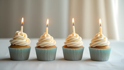 Four Vanilla Cupcakes with Candles Birthday Party Sweet Treats