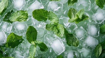 Fresh mint leaves atop ice cubes