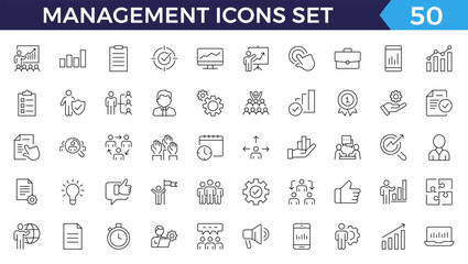 Business Management Outline Icon Collection. Thin Line Set contains such Icons as Vision, Mission, Values, Human Resource, Experience and more. Simple web icons set.