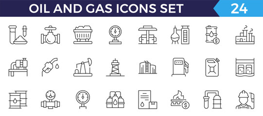 Vector set of oil and gas line icons. Contains icons oil well, gas station, gasoline, tanker, burner, fuel, canister, petroleum and more.