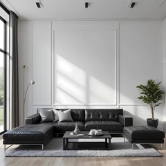 Minimalist Living room with couch set and white wall. Generative ai