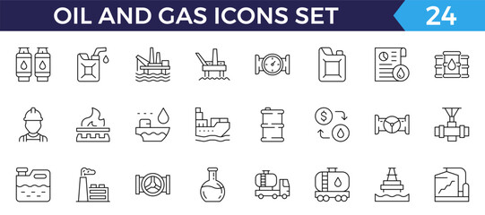 Vector set of oil and gas line icons. Contains icons oil well, gas station, gasoline, tanker, burner, fuel, canister, petroleum and more.