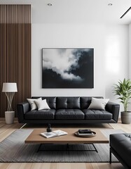 Minimalist Living room with couch set and white wall. Generative ai