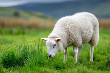 Obraz premium White Sheep Grazing in a Lush Green Field