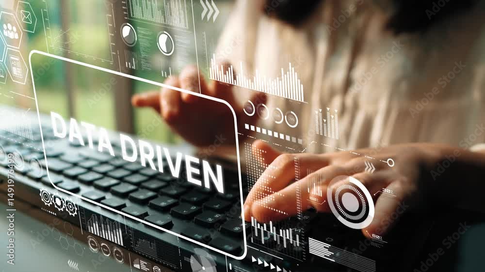 Poster modern technology working professional analyzing data on laptop with digital interface and visualiza