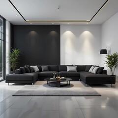 Minimalist Living room with couch set and white wall. Generative ai