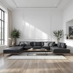 Minimalist Living room with couch set and white wall. Generative ai