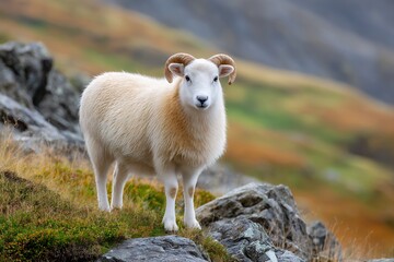 Obraz premium Creamy White Sheep on Rocky Mountainside
