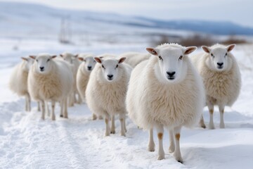 Flock of Fluffy White Sheep in Snowy Winter Landscape
