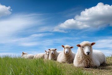 Fototapeta premium Flock of Fluffy White Sheep Resting in a Green Meadow under a Blue Sky