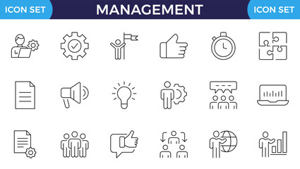 Business Management Outline Icon Collection. Thin Line Set contains such Icons as Vision, Mission, Values, Human Resource, Experience and more. Simple web icons set.