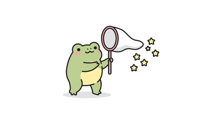 Obraz premium Cartoon frog catching stars with net in a playful scene 