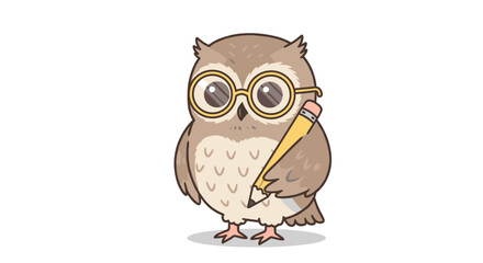 Cartoon owl wearing glasses holding a pencil in a playful pose  