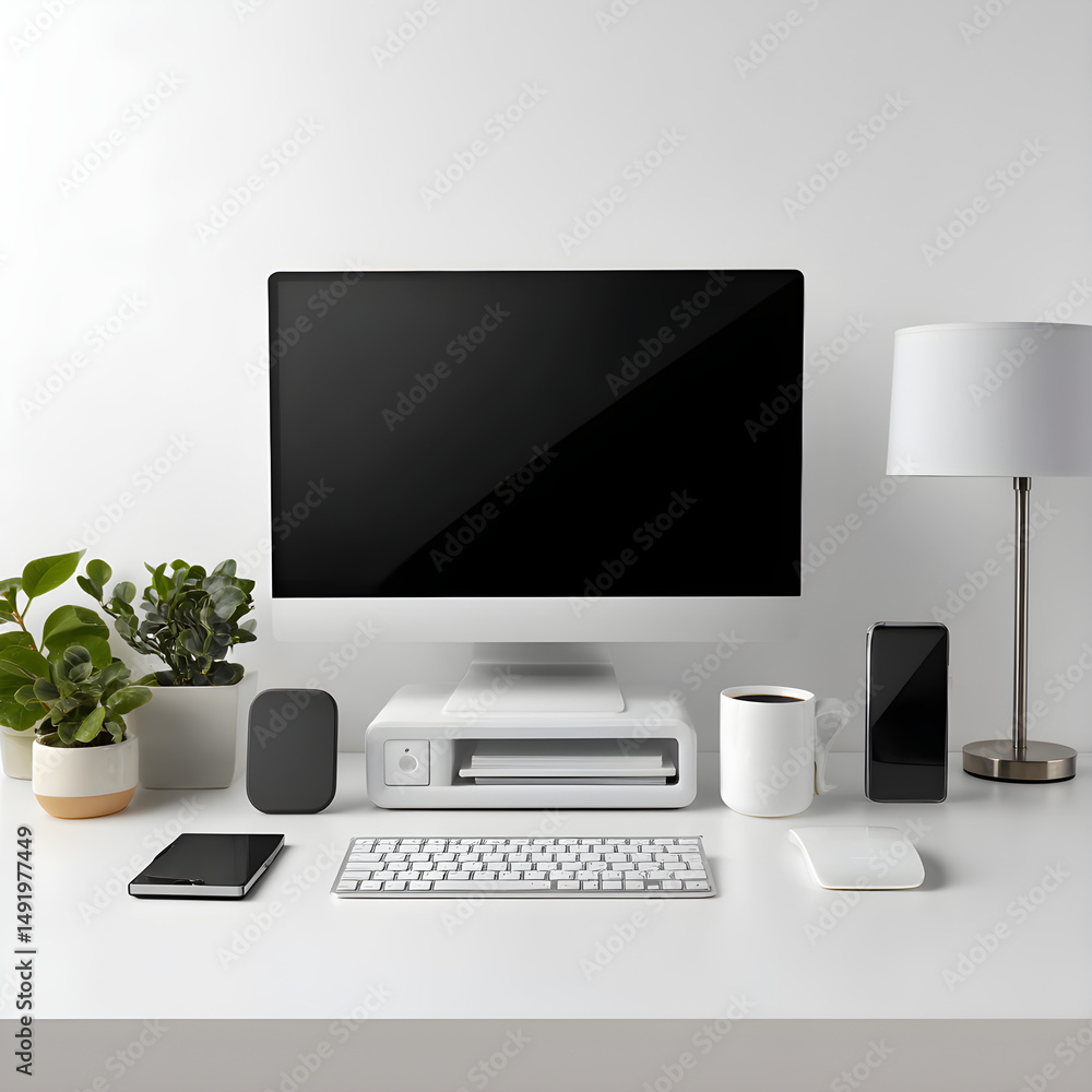 Poster modern office setup with minimalist computer and accessories, isolated on white background for clear