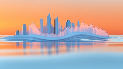 Fototapeta premium City skyline, pastel colors, floating on water, abstract, financial chart