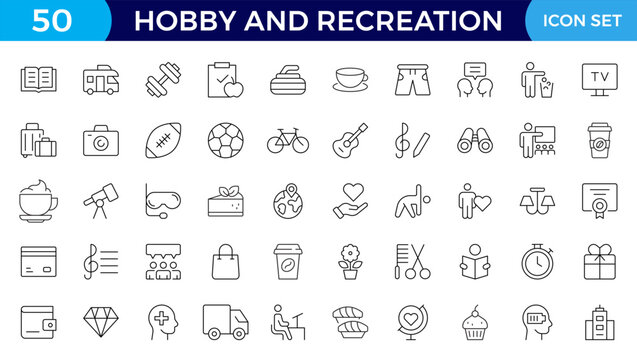 Hobby and recreation linear icons collection. Hobbies for children and adults at home and outdoors. Sports, diving, dancing, reading, drawing, music and singing, chess, astronomy, photo and video.