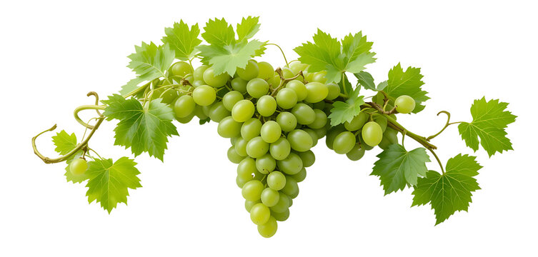 Full bunch of green grapes with curling grapevine leaves, perfectly isolated on white, high-resolution image, minimalistic and clean composition.