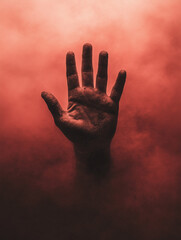A hand reaching out from a misty, red-toned backdrop, conveying a sense of mystery, desperation, or perhaps a cry for help.