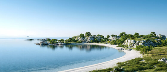 Fototapeta premium Tranquil Beach Scene With Lush Vegetation And Calm Water