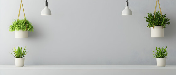 Empty Modern Interior With Hanging Plants And Lights