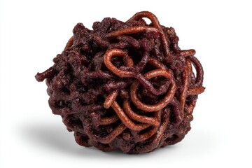 Close up of cooked spaghetti nest with dark red sauce on white background studio shot
