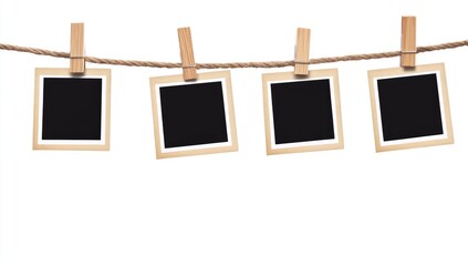 Empty photo frames strung on a clothesline