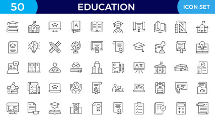Education Line Icons set. Vector illustration in modern thin line style of school icons: school subjects, supplies, science, and online learning. Isolated on white