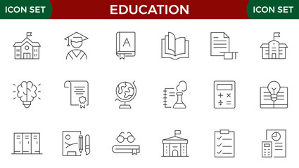 Education Line Icons set. Vector illustration in modern thin line style of school icons: school subjects, supplies, science, and online learning. Isolated on white