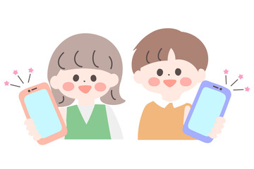 スマホの画面を見せる子どものイラスト　手書き