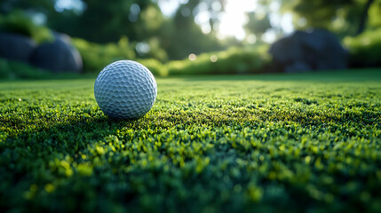 Golf Ball on Green Grass with a Sunlit Background - Realistic Image