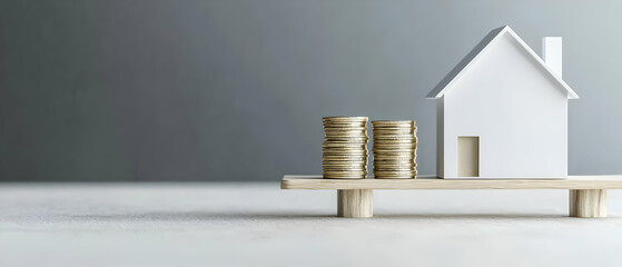 White Miniature House Balanced On Wooden Platform With Gold Coins