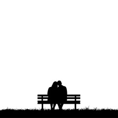 Silhouette of a couple sitting on a bench in a park with grass and a white background in black and white