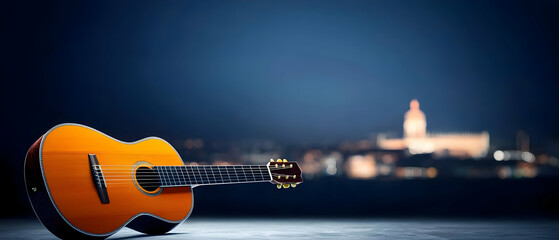 Orange Acoustic Guitar At Night In City