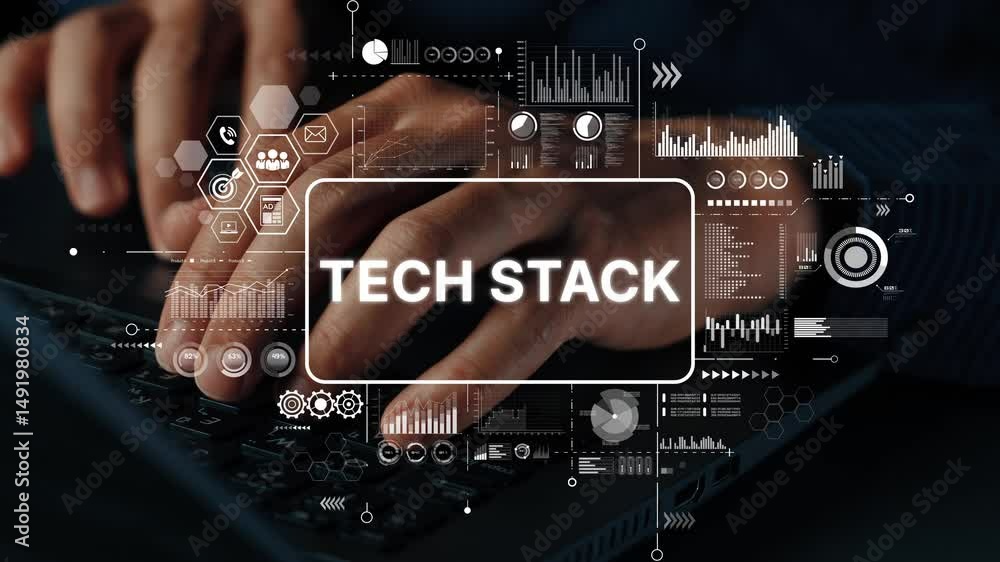 Poster Futuristic Keyboard Interaction with Data Visualization and Tech Stack Concepts in a Digital Workspace Environment. Asymptotic smart data analytic.