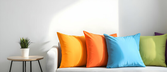 Colorful Pillows On A Light Gray Couch With A Small Table And Plant