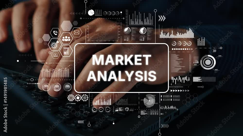 Poster Hands Typing on Keyboard with Market Analysis Graphics and Data Visualization Elements in Dark Environment. Asymptotic smart data analytic.