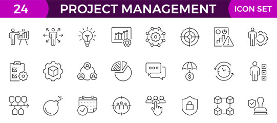 Project management icon collection. Time management and planning concept. Business or organization management icons for web and mobile app. Time management, planning, project, startup, marketing.