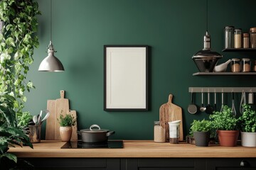 Modern, green kitchen with plants and empty frame