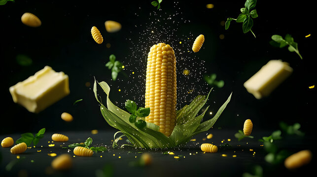 Edible Corncob With Butter And Herbs On Black Background