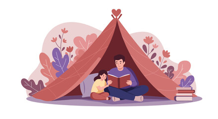 Obraz premium Illustration of a father and his young daughter reading a book together inside a cozy makeshift tent at home, surrounded by decorative plants.