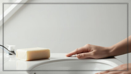 Cleanliness and Hygiene: Soap Bar on Sink with Hand, A Fresh Space for Text