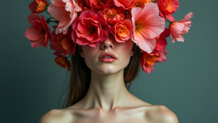 Floral crown obscuring vision, artistic portrait of a woman in bloom