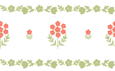 Vector illustration. Seamless border patterns with flowers and green leaves. Cute cartoon hand drawn illustration. Ideal textile printing, baby clothes, wallpaper, scrubbing.