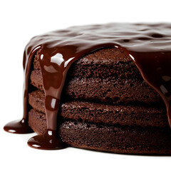 Rich and moist chocolate cake with glossy ganache topping, served on a ceramic plate with a fork beside it.